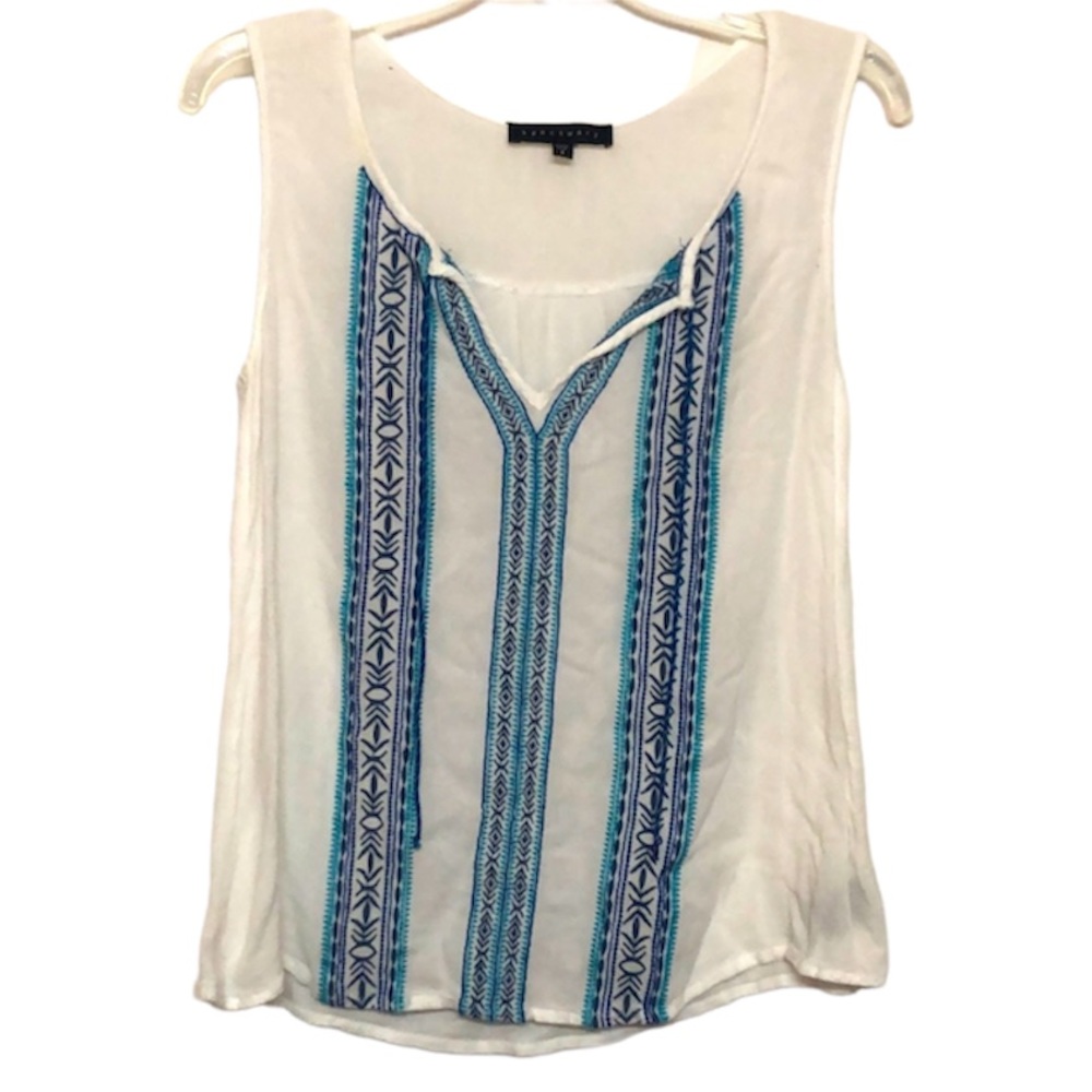 🌞 Sanctuary Boho white sheer blue embroidery Aztec print tassels loose fit S